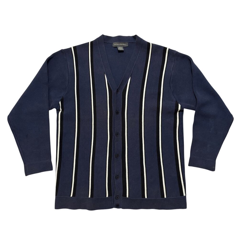 VTG 90s Banana Republic Rockabilly Style Striped Button Up Cardigan Navy Men's M